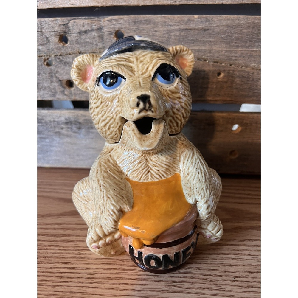 Ceramic Brown Bear Honey Pot with Hat Glazed ceramic Handpainted MCM 1979
